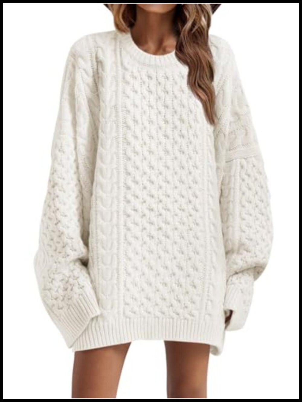 Oversized Chunky Cable Knit Tunic Sweater, 100% Acrylic, Crew Neck, Long